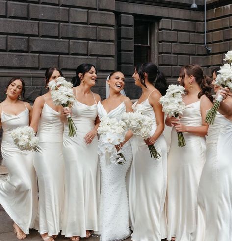 White Brides Maid Dress, Bridesmaid Dresses All White, All White Wedding Bridesmaid Dress, White Silk Bridesmaid Dresses, Off White Bridesmaid Dresses Ivory, All White Bridal Party Bridesmaids, White Satin Bridesmaid Dresses, White Bridesmaid Dresses With Bride, White Bridesmaids Dress