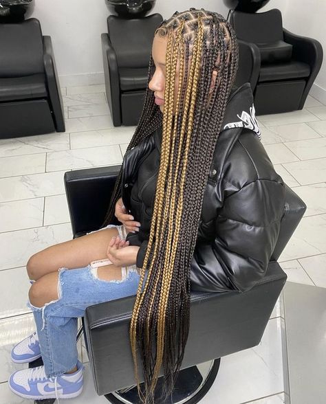 Black Brown Peekaboo Braids, Half And Half Color Knotless Braids, Medium Box Braids Long With Color, Knotless Braids W Highlights, Yellow Peekaboo Hair Braids, Sunk Stripe With Braids, Knotless Box Braids With Skunk Stripe, Half Color Knotless Braids, Long Colored Knotless Braids