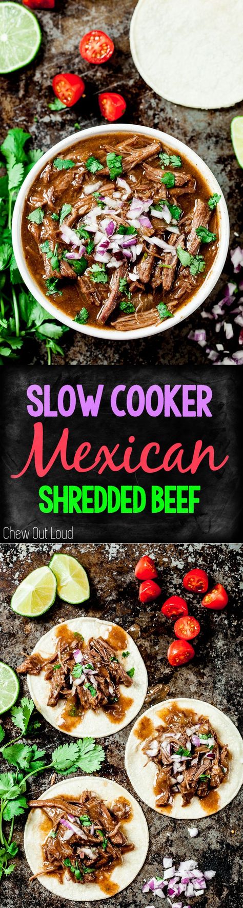 Slow Cooker Mexican Style Shredded Beef -- Gluten free, sugar free, healthy, and DELISH! SO good over rice, tacos, burritos, nachos... you decide. Great for meal prep, too.  #slowcooker #mexican #shreddedbeef #beef #yummy #delicious #ricebowl #taco #burritos #crockpot #chewoutloud www.chewoutloud.com Slow Cooker Mexican Shredded Beef, Slow Cooker Mexican Beef, Rice Tacos, Shredded Beef Recipes, Beef Barbacoa, Slow Cooker Mexican, Mexican Shredded Beef, Barbacoa Recipe, Pepperocini Recipes