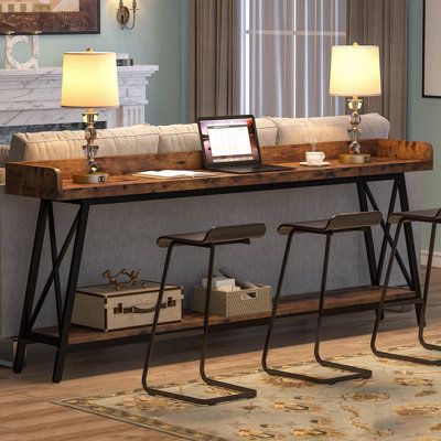 Multifunctional Narrow Long Table: Behind The Couch Table: Place this skinny table behind your couch with bar stools, makes a wonderful occasional bar table for a quick meal. Entryway Foyer Console Table: Great to fill a wall without taking up too much floor space, It is slim, but wide enough to be a drop zone, but not gather clutter. Home Pub Dining Table: Perfect for the dining room and with stools, it will double as seating or a serving area when the company comes over. Table Top Color: Brown Bar Behind Couch, Table Behind The Couch, Console Table Behind Sofa, Extra Long Console Table, Table Behind Couch, Narrow Sofa Table, Behind The Couch, Long Console Table, Behind Couch