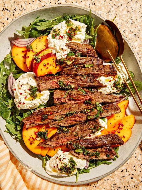 Skirt Steak Salad, Grilled Tri Tip, Marinated Skirt Steak, Steak Salad Recipe, Herb Vinaigrette, Skirt Steak Recipes, Sliced Peaches, Grilled Skirt Steak, Spoon Fork Bacon