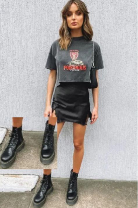 Lace Up Skirts Outfits Casual, Black Mini Slip Skirt Outfit, Black Leather And Lace Outfit, Black Skirt Rock Outfit, Going Out Alternative Outfits, Punk Going Out Outfits, Short Black Silk Skirt Outfit, Edgy Relaxed Outfits, Going Out Outfits Gen Z