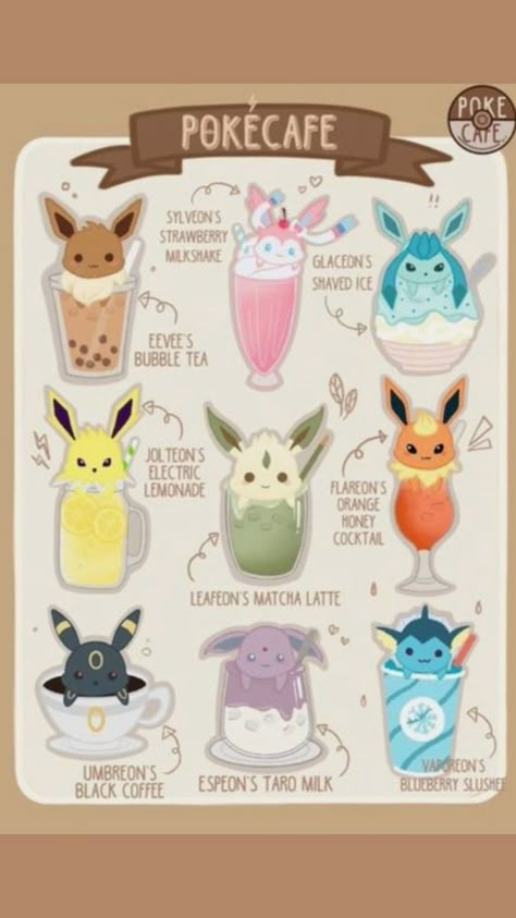 Pokemon As Food, Evee Evolution Art, Eeveelutions Fanart, Evoluzioni Eevee, All Eevee Evolutions, Cafe Stickers, Pokemon Evolutions, Retro Nintendo, Eevee Cute