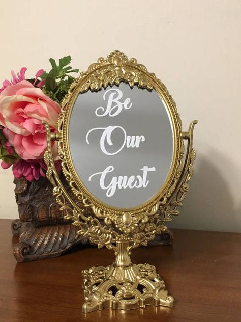 Be our guest/Beauty and the Beast mirror sign/Fairytale party mirror sign/Beauty and the beast party Beauty And The Beast Mirror, Party Mirror, Fairytale Baby Shower, Beauty And Beast Wedding, Dessert Table Sign, Beauty And The Beast Theme, Disney Princess Babies, Baby Shower Dessert Table, Fairytale Party