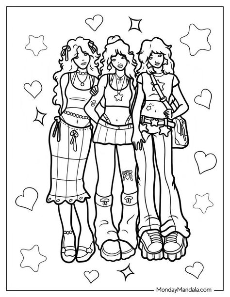 Y2k Girl Coloring Page, Coloring Pages Outfit, Colouring Printables Aesthetic, Earthy Coloring Pages, Ruby Gloom Coloring Pages, Things To Color In Free Printable, Y2k Colouring Pages, Pixel Art Coloring Pages, Cute People Coloring Pages