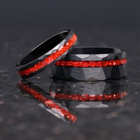 Black Ring With Red Stone, Black And Red Rings Engagement, Black And Red Ring, Black And Red Engagement Ring, Black And Red Wedding Rings, Black And Red Rings, Black And Red Wedding Decorations, Red And Black Rings, Red And Black Wedding Theme