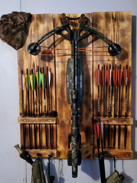 Cross Bow Storage Ideas, Crossbow Holder Diy, Cross Bow Rack, Bow And Arrow Storage Ideas, Small Hunting Room Ideas, Diy Crossbow Rack, Hunting Bow Storage Ideas, Crossbow Wall Mount, 4h Welding Project Ideas