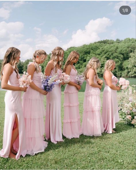 Bridesmades Dresses, Pink Bridesmaid Dresses Mismatched, Wedding Ideas 2024, Pink Bridal Party, 2026 Wedding, Light Pink Bridesmaids, Light Pink Bridesmaid Dresses, Unique Themes, Light Pink Wedding