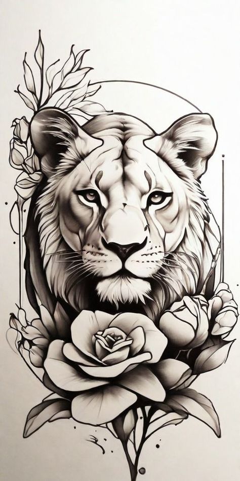 Lioness Flowers Tattoo, Tigres Tattoo, Lion Outline, Lioness Tattoo Design, Church Tattoo, Flowers Tattoo Design, Cute Halloween Tattoos, Lioness Tattoo, Blue Rose Tattoos