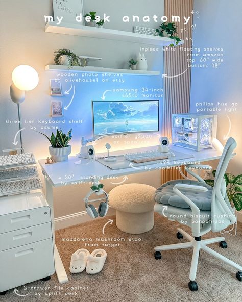 ani🌀 | new year, new changes ✨ As you know, I get bored easily and I had been wanting to make tiny changes to my desk. One of those changes was… | Instagram White Gaming Room Ideas, Clean Modern Desk Setup, Pc Setup Decor, New Year Room Decor, White Desk Set Up, White And Wood Desk Setup, Cute Pc Set Up, White Office Aesthetic, Desk Ideas White