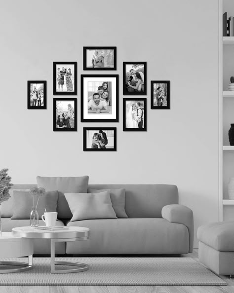 "We all love our digital pictures but there is nothing better than some good all photo frames to warm up a house! Transform all your favorite memories into your very own design project with this impressive frame wall set. 👉 Material : Synthetic Wood 👉 Clean : Wipe With a Cotton Cloth 👉 Front Cover : Glass 👉 Mat Color : White 👉 Wall Mount : Yes 👉 Frame Size (inner) :  ✔️ 1 pieces of (8x10\") ( w/ mat 6x8\", w/o mat 8x10\") ✔️ 6 pcs. of (5x7\") ✔️ 2 pcs. of (4x6\") 👉 What is in the box : Photo Frames Set, Installation Guide, Wall Template  👉 FOR FAST DELIVERY WITH IN 6-8 DAYS PLEASE ADD THIS TO YOUR CART: www.etsy.com/in-en/listing/934616385/" Family Photos Wall Decor, Contemporary Picture Frames, Gallery Wall Frame Set, Front Wall Design, Picture Gallery Wall, Family Photo Wall, Wall Frame Set, Living Wall Decor, Photo Wall Gallery