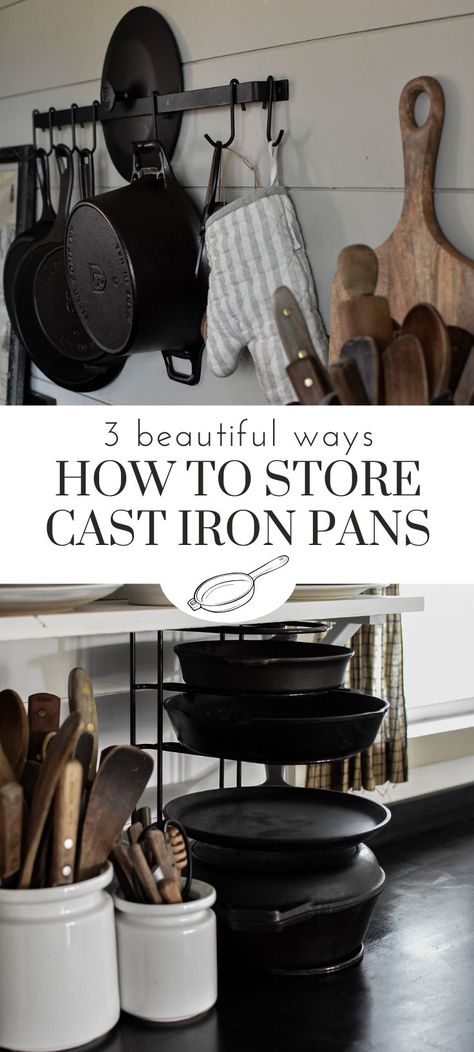 Cast Iron Cookware Care: Storage ideas to display cast iron skillets and pans in the kitchen. How to hang cast iron on the wall. Storing Cast Iron, Cast Iron Cookware Display, Cast Iron Display, Cast Iron Storage, Cookware Display, Cast Iron Care, Cast Iron Decor, Cookware Storage, Kitchen Wall Storage