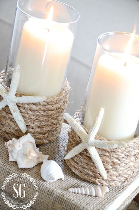 Beautiful Beachy Projects with a Farmhouse Flair - The Cottage Market Diy Beach Decor, Nautical Bathroom Decor, Beach Theme Bathroom, Pottery Barn Inspired, Beach Bathroom Decor, Candle Wrap, Nautical Bathrooms, Reading Nooks, Diy Candle Holders