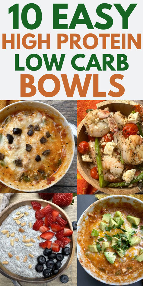 Images of 4 high protein bowls including pizza bowl, Mexican bowl, cottage cheese bowl and shrimp bowl. Protein Bowls Low Carb, High Protein Low Carb Meals Easy, Easy High Protein Bowls, Low Carb Bowls Healthy, Low Carb Protein Bowls, Low Carb High Protein Bowls, Low Carb And High Protein Recipes, Keto Bowls Recipes, Easy Protein Bowls