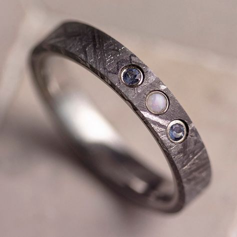 Meteorite Wedding Band With Three Stones Male Rings With Stones, Mens Ocean Wedding Rings, Comfortable Wedding Rings, Couples Wedding Bands White Gold, Alternative Wedding Rings Men, Men’s Wedding Bands Meteorite, Aquamarine Mens Wedding Band, Wedding Signet Ring Men, Engagement Ring Men Silver