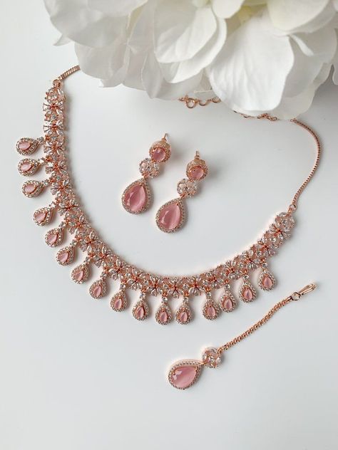 Pink Teardrops in Rose Gold Necklace Sets THE KUNDAN SHOP Bole Chudiyan, Peach Items, Regency Core, Scrapbooks Ideas, Desi Jewelry, Pink Jewelry Set, Fancy Jewelry Necklace, Indian Bridal Jewelry Sets, Neck Jewelry