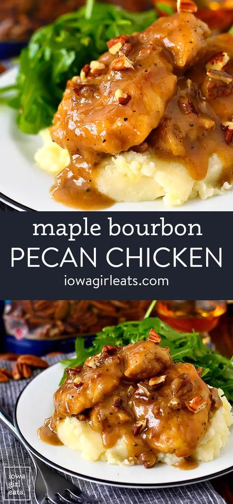 Maple Bourbon Pecan Chicken is sinfully delicious - you'll lick your plate clean! This 1-skillet chicken recipe is ready in just 20 minutes. iowagirleats.com keywords: dinner recipes, dinner ideas, gluten free recipes, gluten free dinner recipes, gluten free dinner ideas, gluten free dinners easy, chicken recipes, chicken breast recipes Lchf Recipes Dinner, Bourbon Pecan Chicken, Philsbury Recipes, Recipes Gluten Free Dinner, Pilsbury Recipes, Fodmap Recipes Dinner, Gluten Free Chicken Recipes, Skillet Dinner Recipes, Pecan Chicken