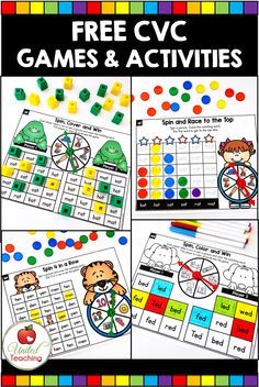 First Grade Literacy Games, Cvc Games Kindergarten, Kindergarten Jobs, Cvc Games, Cvc Word Games, Spinner Games, Writing Cvc Words, Word Family Activities, Cvc Activities