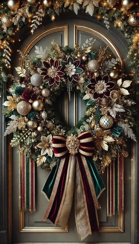 Luxury Xmas Wreaths, Christmas Table Ideas Elegant, Velvet Ribbon Christmas Decor, Luxury Christmas Wreath, Golden Christmas Decorations, Christmas Reef Ideas, Christmas Wreaths Elegant, Country Christmas Wreaths, Extravagant Christmas