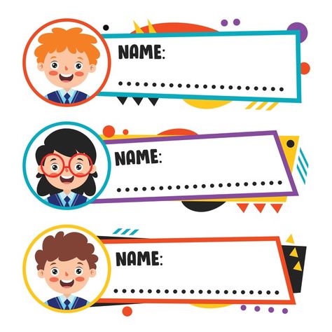 Name tags for school children | Premium Vector #Freepik #vector #label #school #kids #templates Name Tag Ideas For School, Nametag Template, Name Tag Design Ideas, Kindergarten Name Tags, Name Tags Ideas, School Labels Printables, Peraturan Kelas, Kindergarten Names, School Name Labels