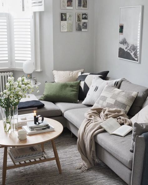 12 of the best neutral cushions for the simple home - light Scandi living room with cosy touches - L-shaped sofa and round wooden coffee table - simple living room Forest Green Bedrooms, Minimalist Outdoor Furniture, Norwegian Furniture, Sofa Fabrics, Scandi Living Room, Monochrome Bedroom, Black And White Cushions, Neutral Cushions, Shaped Sofa