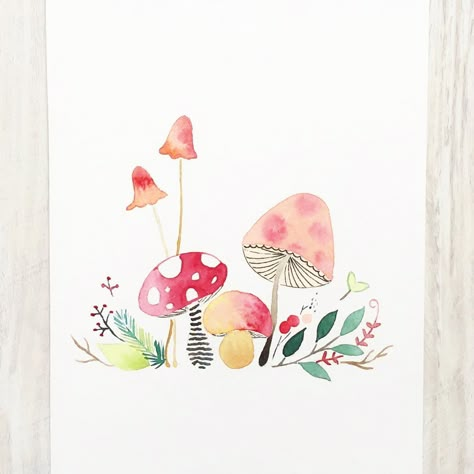 Camille Bliss • Aquarelle on Instagram: “#inktober 24/31 • Champignons . #inktober2019 #camilleblissinktober2019 #aquarelle #watercolor #autumnwatercolor #kidsillustration” Easy Mushroom Watercolor, Watercolor Toadstool, Watercolor Ideas Mushroom, Fairy Garden Watercolor, Watercolor Mushroom Forest, Watercolor Mashrom, Fairy Watercolor, Magical Watercolor, Garden Watercolor