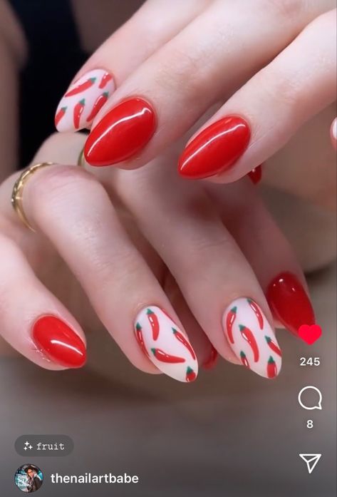 Chilli Nails Design, Hot Pepper Nails, Chili Pepper Nail Art, Red Chili Pepper Nails, Chili Nails, Chilli Red Nails, Chilli Pepper Nails, Pepper Nails, Chilli Nails