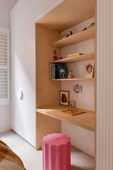 Study nook built into bedroom joinery featuring V.Happy Co Musk Stick Stool and D for Dog Print Half Moon Handles, V Happy, Desk Nook, Kids Rooms Inspo, Kids Bedroom Inspiration, Study Nook, Teenager's Room, Build A Closet, Bedroom Desk