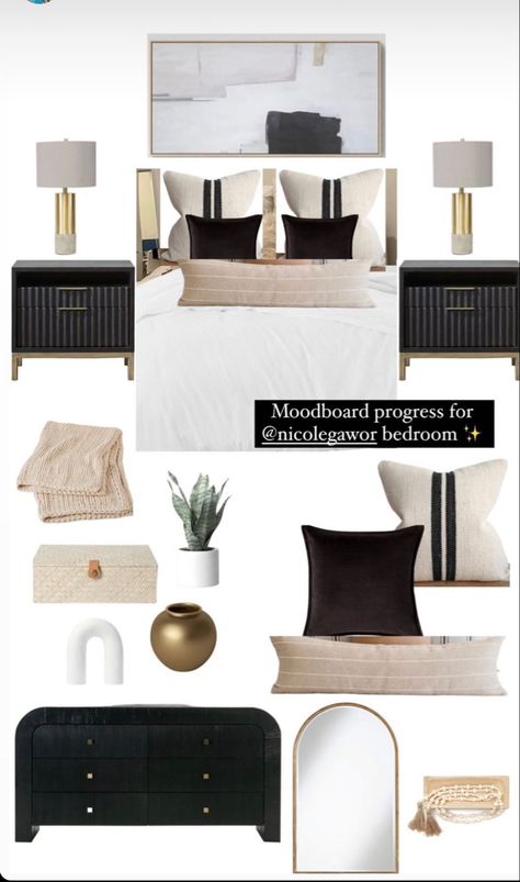 Black Taupe Cream Bedroom, Black White Brass Bedroom, Master Bedrooms Neutrals And Black, Black Accents Bedroom Decor, White Bedding Black Furniture, Black White Beige Gold Bedroom, Neutral Bedroom With Black And Gold Accents, Hotel Glam Bedroom, Modern Contemporary Guest Bedroom