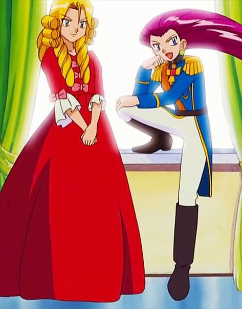 In Pokemon, the highly ineffective villain duo Jessie and James are often shown wearing cross-dressing disguises. James frequently disguises himself as a woman, and Jessie (less frequently) disguises herself as male. Pokemon Jessie And James, Jessie Team Rocket, Equipe Rocket Pokemon, James Pokemon, Jessie Pokemon, Rocket Art, Pokemon Team Rocket, Jessie James, Pokemon Anime