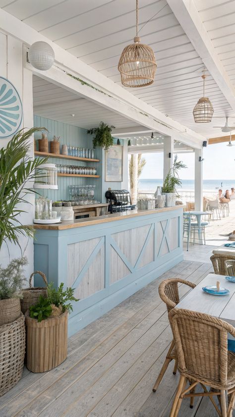 Coffee Bar Styling Coastal Coffee Shop Aesthetic, Beach Bars Design, Modern Beach Interior, Beach Cafe Aesthetic, Coastal Coffee Shop, Beach Bar Design Ideas, Cafe By The Beach, Bar Styling Ideas, Beach Coffee Shop