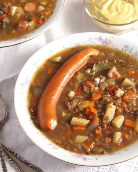 Traditional German Lentil Soup (with Sausages) German Lentil Soup Recipe, Lentil Soup With Potatoes, German Lentil Soup, German Soups, Brown Lentil Soup, German Soup, Vienna Sausages, Lentil Potato, German Potato Soup