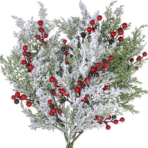 Amazon.com: Winlyn 6 Pcs Snowy Artificial Cedar Picks with Red Berries Frosted Faux Cedar Sprays Christmas Cedar Greenery Branches Stems for Christmas Tree Wreath Floral Arrangement Vase Winter Holiday Décor : Home & Kitchen Cedar Wreath, Holiday Arrangement, Artificial Plants Outdoor, Tree Wreath, Christmas Tree Wreath, Green Tree, Christmas Floral, Wreath Decor, Red Berries