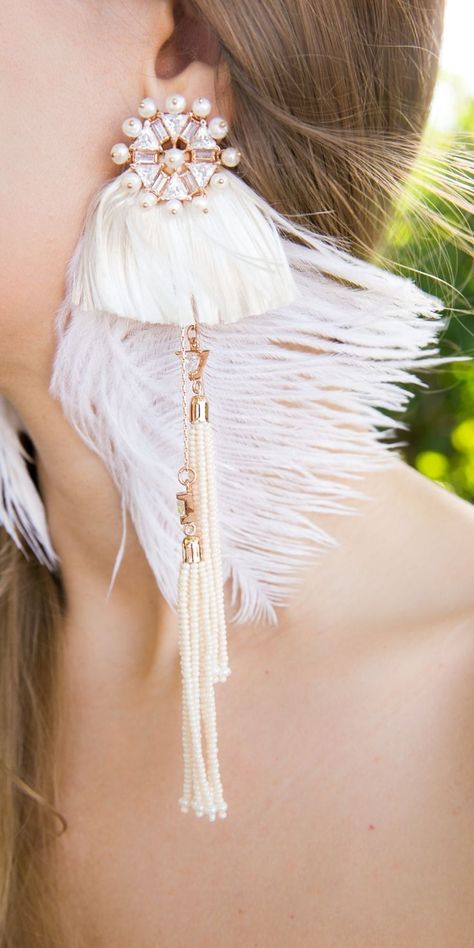 My white bridal statement feather earrings with pearl tassels are by modern Indian jewellery brand Outhouse Jewellery. Perfect Boho wedding earrings inspiration! See full bridal look on GEMOLOGUE! #bridaljewelry #weddingearrings #fashionjewelry #bridalaccessories Full Bridal Look, Outhouse Jewellery, Modern Indian Jewelry, Bride Earring, Western Bride, Boho Wedding Accessories, Maximalist Jewelry, Pearl Tassels, Boho Bridal Jewelry