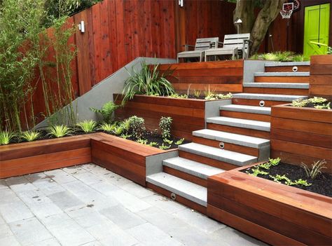 20 Terraced Planter Ideas to Add More Visual Appeal to Your Landscape Backyard Deck Ideas, Sloped Backyard, Patio Deck Designs, Contemporary Patio, Bedroom Barndominium, Diy Tv Stand, Sloped Garden, Small Backyard Gardens, Barn Homes