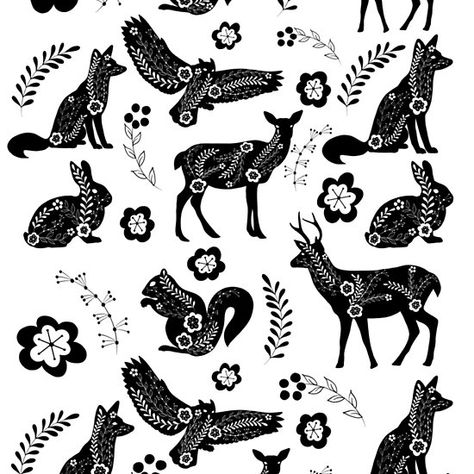 Folk Art Forest Animals Folk Illustration, Arte Folk, Art Forest, Linocut Art, Scandinavian Folk Art, Wood Burning Art, Animal Silhouette, Patterned Leggings, Animal Posters