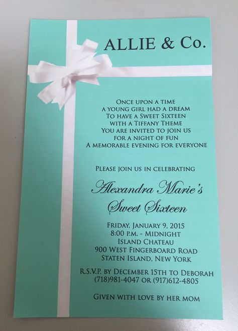 Tiffany Co Invitation, Tiffany Co Sweet 16 Decor, Tiffany Blue Black And Silver Party, Tiffany And Co Invitations, Tiffany And Co Birthday Invitations, Tiffany Themed Sweet 16, Tiffany Blue Sweet 16 Ideas, Sweet 16 Tiffany And Co Theme, Tiffany Blue Birthday Party Decorations