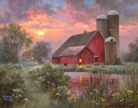 Abraham Hunter 😊 (@abrahamjhunter) • Instagram photos and videos Large Cross Stitch Patterns, Blue Farmhouse, Barn Pictures, Small Pond, Farm Paintings, Colorful Sunset, Barn Painting, Farm Art, Farm Scene