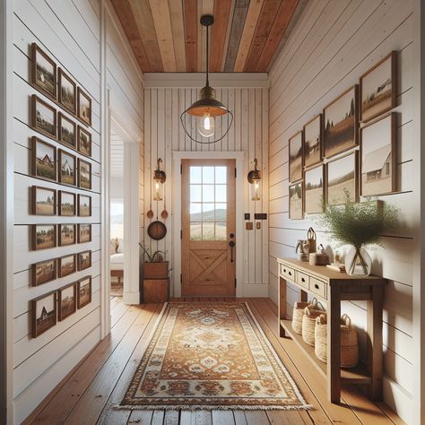 The walls could be adorned with white ship-lap siding and tasteful collage photo frames capturing rural scenes or family memories. Include a sturdy, wooden console table and a vintage rug to add warmth and character to this space. The design should balance the rugged charm of rustic farms with a clean and stylish modern aesthetic, making it a perfect inspiration for a remodeling project. Country Home Entryway, European Farmhouse Entryway, Entry Way Aesthetic, Farmhouse Corridor, Country Home Aesthetic, Country Farmhouse Aesthetic, Barndominium Decor, Rustic Entryway Ideas, Country Hallway