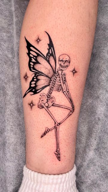 Skull Butterfly Tattoo, Skeleton Fairy, Small Forearm Tattoos, Clever Tattoos, Skeleton Tattoos, Beautiful Tattoo, Tattoo Style Drawings, Fairy Tattoo, Black Ink Tattoos