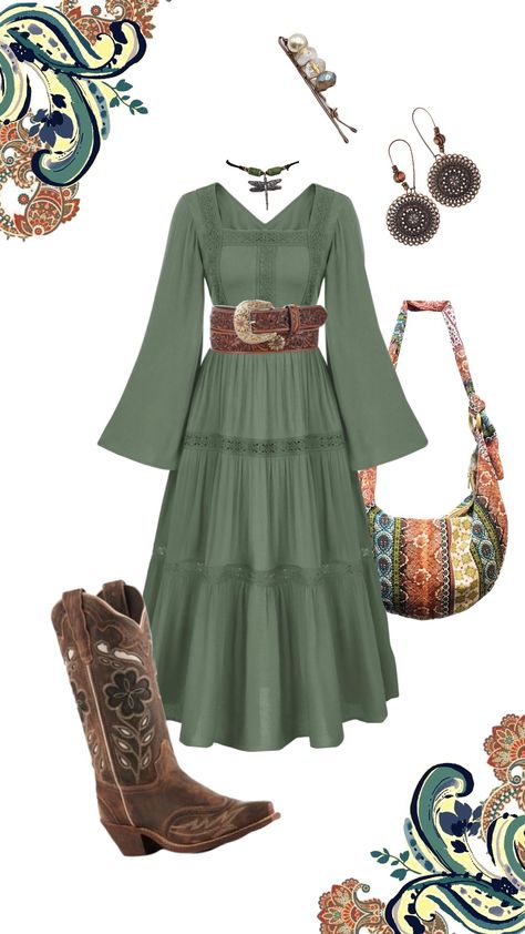 boho hippie outfit peasant dress hobo bag paisley waist leather belt cowboy boots hippie Halloween inspo Hobo Outfit Ideas, Long Dress With Cowboy Boots, Boho Country Outfits, Boho Hippie Outfits, Nashville Outfit, Dresses With Cowboy Boots, Hippie Halloween, Cowgirl Outfit, Outfits Modest