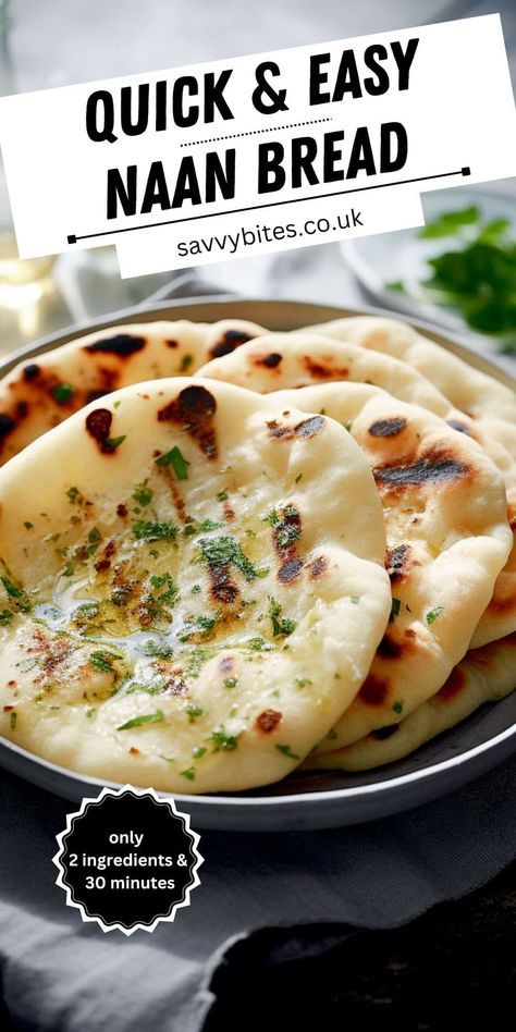 Discover the joy of homemade bread with this Easy 2-Ingredient Naan Bread recipe! Perfectly soft, chewy, and delicious, this naan is ideal for scooping up your favourite curry or making quick wraps. You won't believe how simple it is - all you need is self-raising flour and Greek yogurt! Save and try this foolproof recipe today and bring the authentic taste of Indian cuisine right into your kitchen. 2 Ingredients Naan Bread, Recipe For Naan Bread Flatbread Pizza, Homemade Bread Dough Recipe, Garlic Naan No Yeast, Quick And Easy Naan Bread, 3 Ingredient Naan Bread With Yogurt, Yogurt And Flour Naan Bread, Bread Yeast Recipes, Naan Easy Recipe