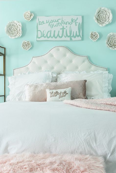 Girls "Tween" or Pre-Teen Room decorated in aqua, blush and rose gold. Plenty of easy, affordable budget girls room ideas. Would be perfect for a baby girl nursery too! Happy Room, Baby Girl Nursery, Minimalist Living Room, Girls Room, Girl Nursery, Girl's Room, Room Ideas, Bed Pillows, Pillow Cases