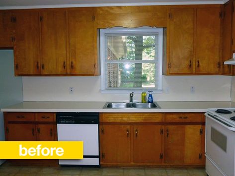 Kitchen Before & After: Dreary Cabinets (But Still in Good Shape) Get Repainted — Reader Kitchen Remodel Knotty Pine Kitchen, Pine Kitchen Cabinets, Kitchen Cabinets Before And After, Tiny Kitchen Remodel, Redo Kitchen Cabinets, Kitchen Remodel Pictures, 1970s Kitchen, Before After Kitchen, Redo Cabinets