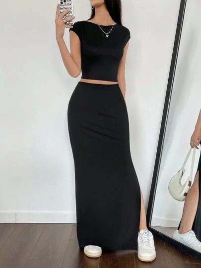 Solid Crop Tank Top, Split Skirt Outfit, Bodycon Maxi Skirt, Rok Outfit, Maxi Rok, Maxi Skirt Outfits, Sleeveless Tops Summer, Rock Outfit, Split Skirt