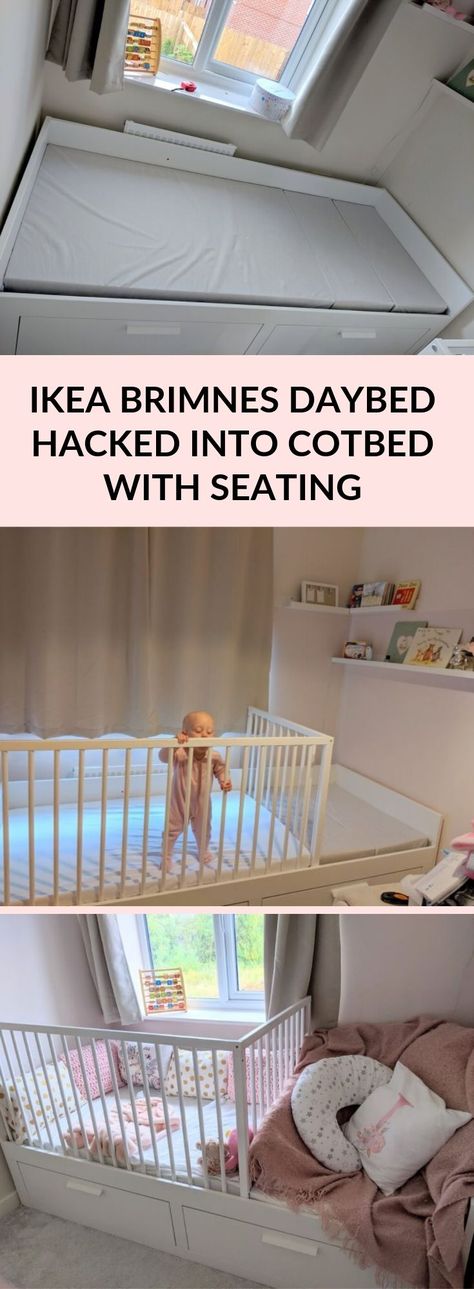 Mom makes 3-in-1 cotbed for toddler from daybed. Toddler bed + crib from IKEA BRIMNES daybed. With seating at the side. Ikea Brimnes Daybed, Brimnes Daybed, Baby Zimmer Ikea, Hemnes Day Bed, Ikea Daybed, Brimnes Bed, Ikea Brimnes, Ikea Bed Hack, Diy Toddler Bed