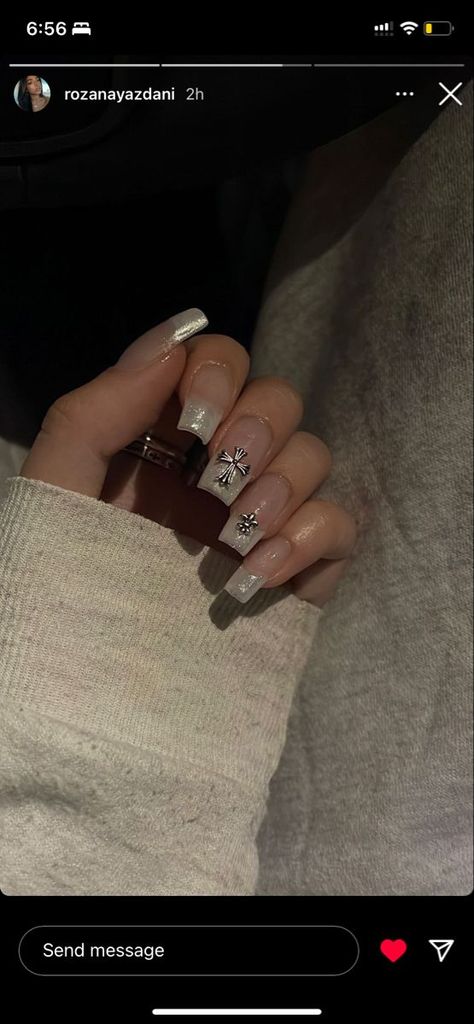 Crom Nails, Chrome Heart Nails, Cross Nail Designs, Marvel Nails, Cross Nail Art, Rounded Acrylic Nails, White Chrome Nails, Euphoria Nails, Cross Nails