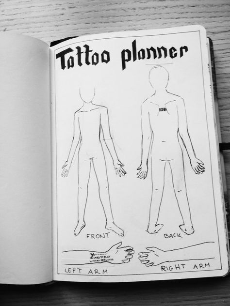 a tattoo planner i made in my sketchbook Tattoo Artist Sketchbook, Tattoo Journal, Artist Sketchbook, 1 Tattoo, My Sketchbook, Sketchbook Pages, Journal Layout, Bullet Journaling, A Tattoo