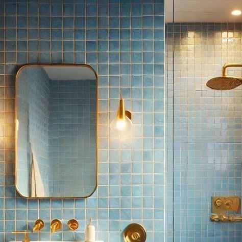 Tarza on Instagram: "Bathroom Design featuring blue Zellige tiles and brass fixtures.  #Bathroom #Blue tile #Bathroomdesign #Bathroominspo #Zelligetiles #brassbathroom #bathroom" Blue And Terracotta Bathroom, Brass Fixtures Bathroom, Blue Gold Bathroom, Bathroom Blue Tile, Blue Tiled Bathroom, Blue Tile Bathroom, Terracotta Bathroom, Mcm Bathroom, 2024 Bathroom