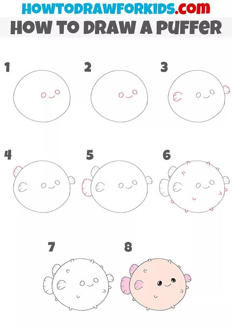 How To Draw Puffer Fish, How To Draw Sea Creatures, Pufferfish Drawing, Puffer Fish Drawing, Easy Fish Drawing, Trin For Trin Tegning, Easy Dragon Drawings, Ocean Drawing, Small Doodle